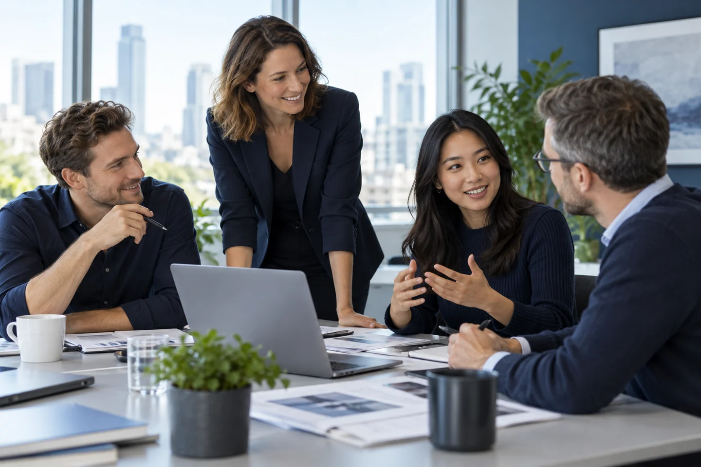Professionals collaborating in a modern workplace